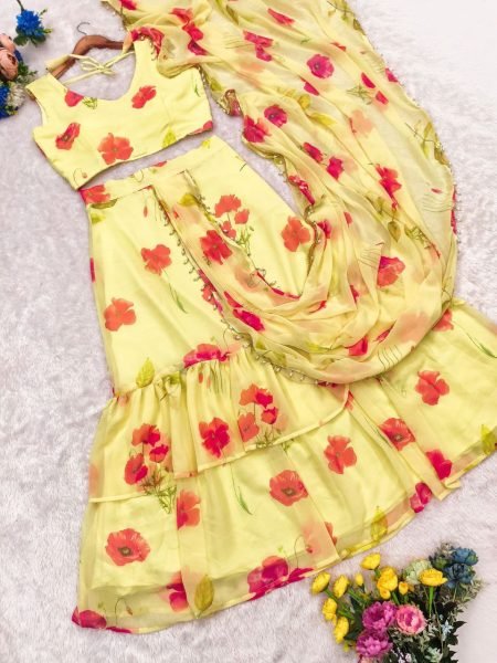 Georgette Lehenga Saree with 2 Layer Ruffle Fancy Printed Sarees at Wholesale Rate Ready To Wear Saree 