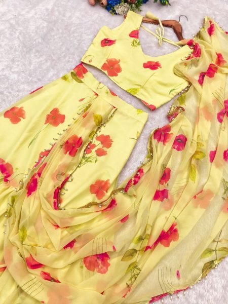 Georgette Lehenga Saree with 2 Layer Ruffle Fancy Printed Sarees at Wholesale Rate Ready To Wear Saree 