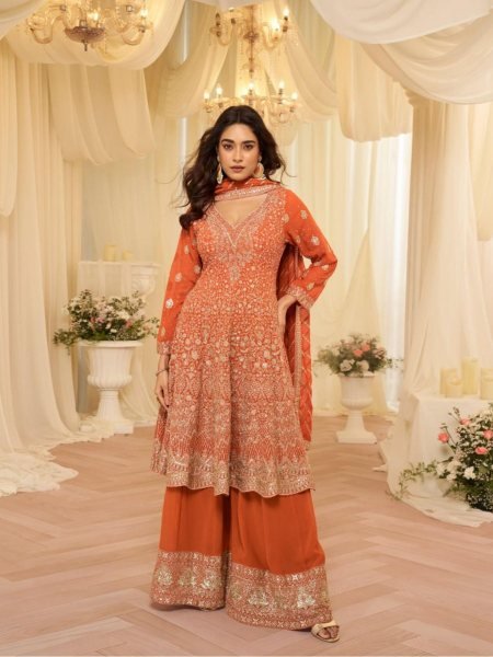 Georgette Orange Palazzo Set with Zari Embroidery and Sequin Detailing for Party Wear Salwar Kameez