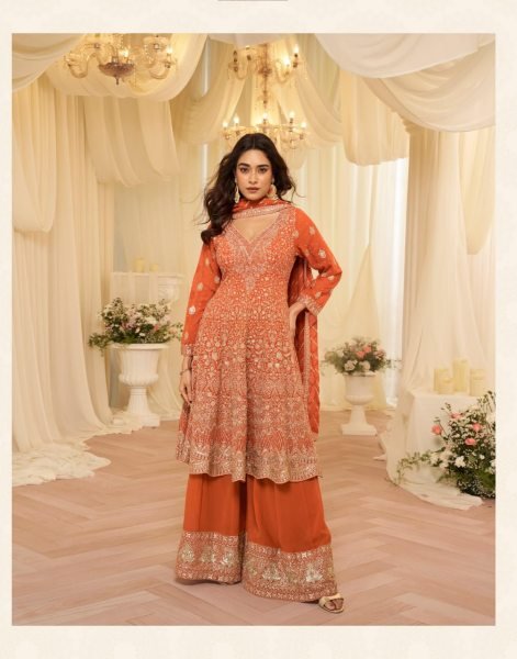 Georgette Orange Palazzo Set with Zari Embroidery and Sequin Detailing for Party Wear Designer Plazzo Salwar Suits Wholesale