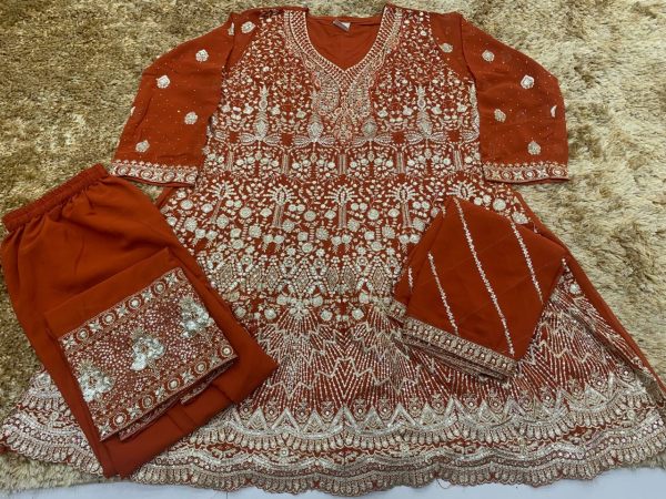 Georgette Orange Palazzo Set with Zari Embroidery and Sequin Detailing for Party Wear Designer Plazzo Salwar Suits Wholesale