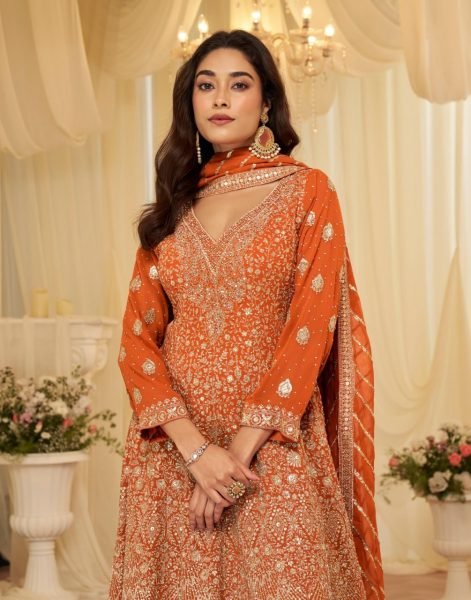 Georgette Orange Palazzo Set with Zari Embroidery and Sequin Detailing for Party Wear Designer Plazzo Salwar Suits Wholesale