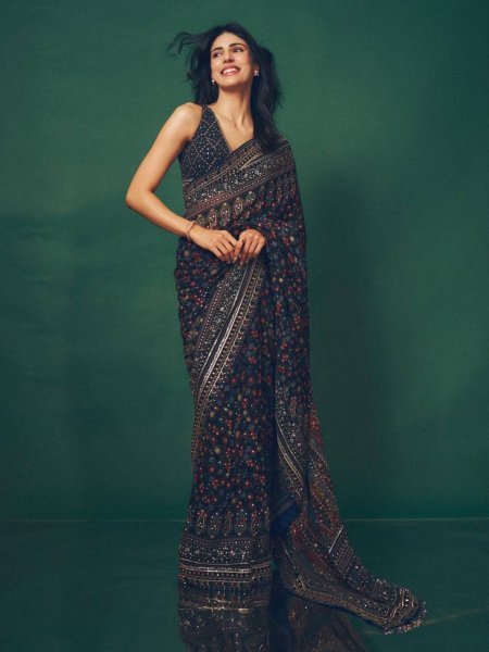 Georgette Royal Blue Saree with Shimmer Detailing and Embroidery Blouse For Wedding Wear Designer Wedding Sarees Wholesale