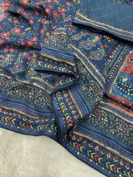 Georgette Royal Blue Saree with Shimmer Detailing and Embroidery Blouse For Wedding Wear Designer Wedding Sarees Wholesale