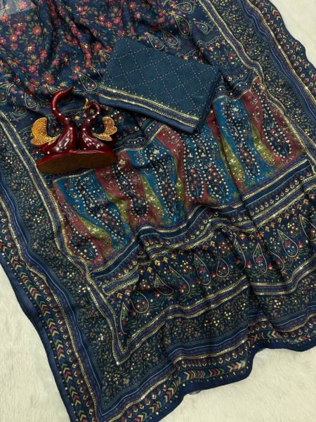 Georgette Royal Blue Saree with Shimmer Detailing and Embroidery Blouse For Wedding Wear Designer Wedding Sarees Wholesale