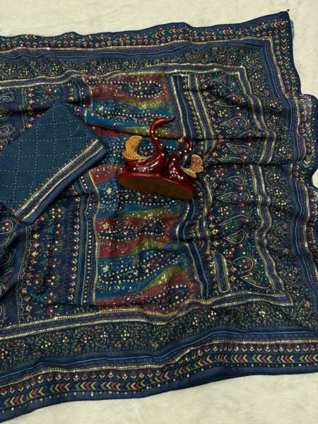 Georgette Royal Blue Saree with Shimmer Detailing and Embroidery Blouse For Wedding Wear Designer Wedding Sarees Wholesale