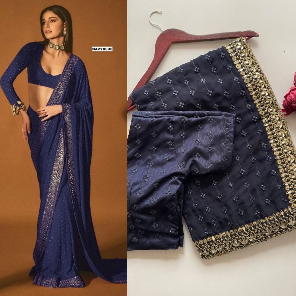 Georgette Royal Sapphire Embroidered Saree Celebrity Trending Look Georgette Sarees Wholesale