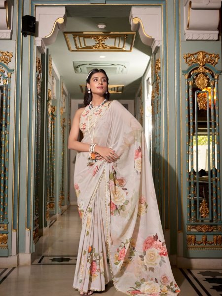 Off White Floral Georgette Saree with Pearl Lace Elegant Lightwear Drape Georgette Sarees Wholesale