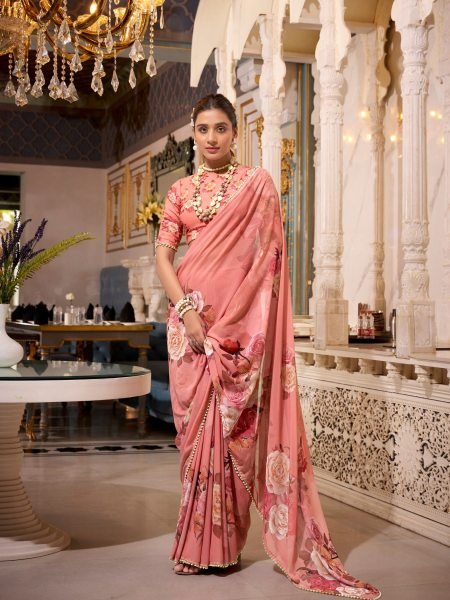 Peach Bloom Georgette Saree with Pearl Border Elegant Festive Drape Georgette Sarees Wholesale