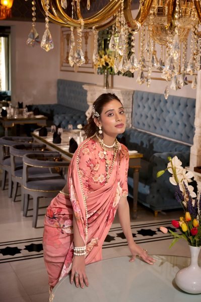 Peach Bloom Georgette Saree with Pearl Border Elegant Festive Drape Georgette Sarees Wholesale