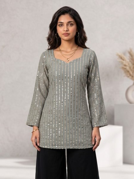 Georgette Sequence Work Straight Cut Tunic Kurti for Women Daily Wear Kurtis