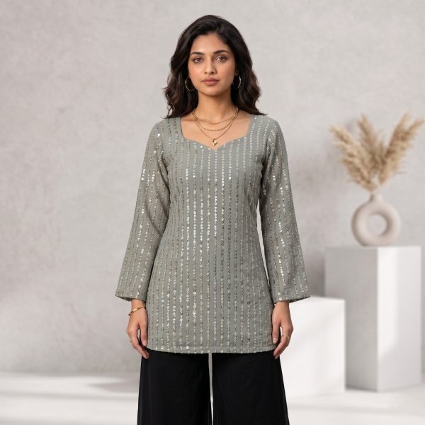 Georgette Sequence Work Straight Cut Tunic Kurti for Women Daily Wear Full Set Kurti