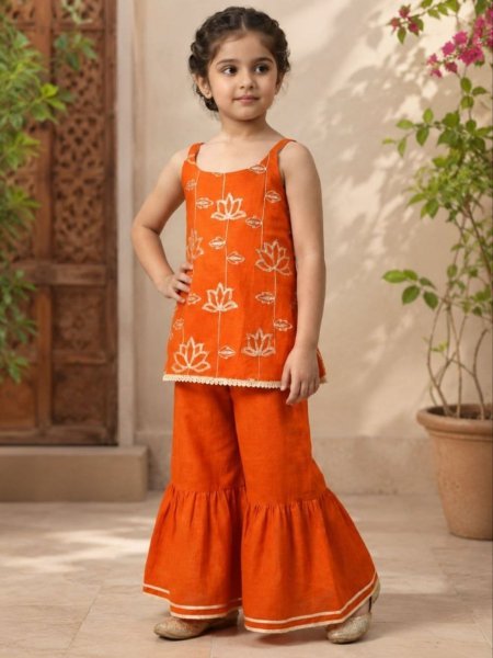 Girls Cotton Blend Embroidered Co Ord Set For Party Wear Kurtis