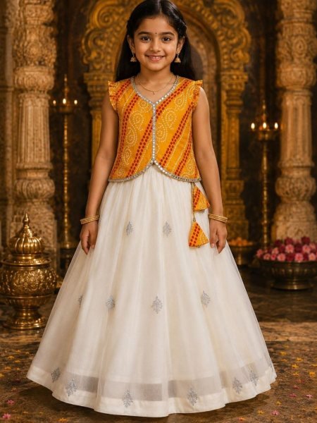 Girls Cream Pure Simar Lehenga Set with Yellow Embroidered Jacket for Festive Wear Kurtis