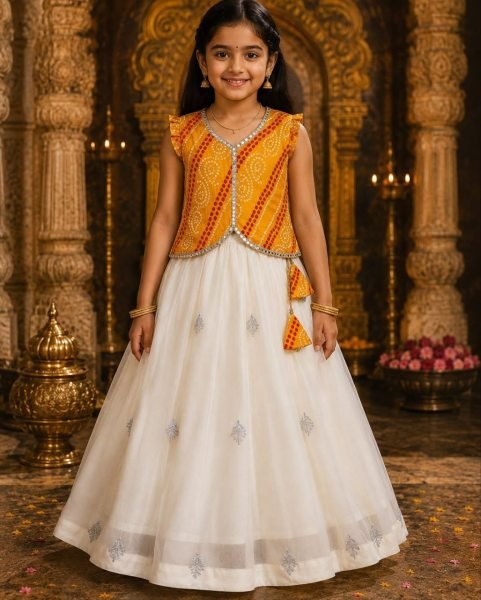 Girls Cream Pure Simar Lehenga Set with Yellow Embroidered Jacket for Festive Wear Girls Wear