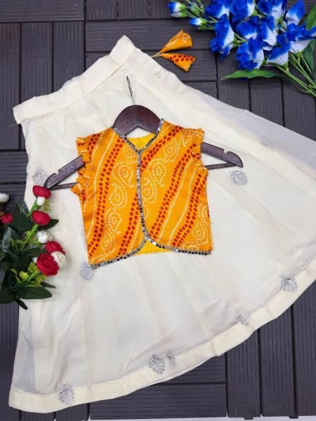 Girls Cream Pure Simar Lehenga Set with Yellow Embroidered Jacket for Festive Wear Girls Wear
