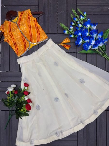 Girls Cream Pure Simar Lehenga Set with Yellow Embroidered Jacket for Festive Wear Girls Wear