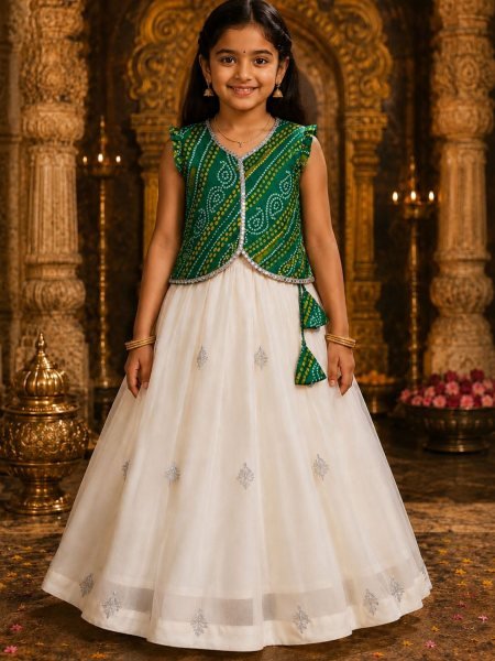 Girls Pure Simar Lehenga with Green Satin Banglori Printed Embroidered Jacket Kurtis