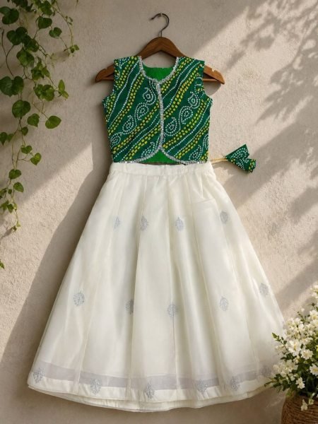 Girls Pure Simar Lehenga with Green Satin Banglori Printed Embroidered Jacket Girls Wear