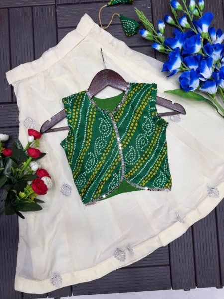 Girls Pure Simar Lehenga with Green Satin Banglori Printed Embroidered Jacket Girls Wear