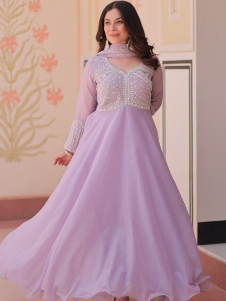 Glam Lavender Star Georgette Sequins Embroidered Gown With 5 Meter Umbrella Flair and Dupatta Ready To Wear Suit