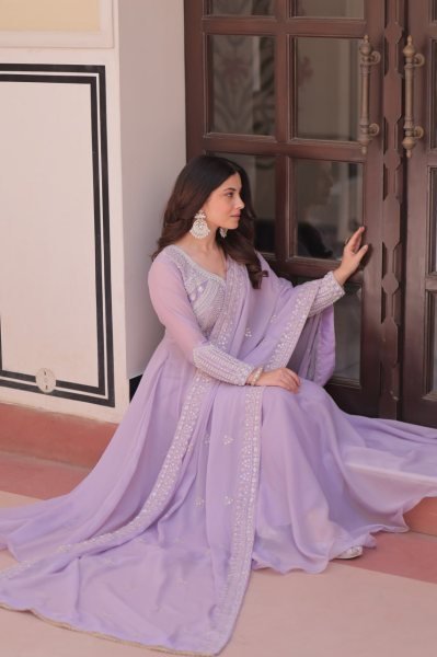 Glam Lavender Star Georgette Sequins Embroidered Gown With 5 Meter Umbrella Flair and Dupatta Ready To Wear Collection