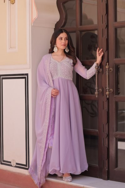 Glam Lavender Star Georgette Sequins Embroidered Gown With 5 Meter Umbrella Flair and Dupatta Ready To Wear Collection