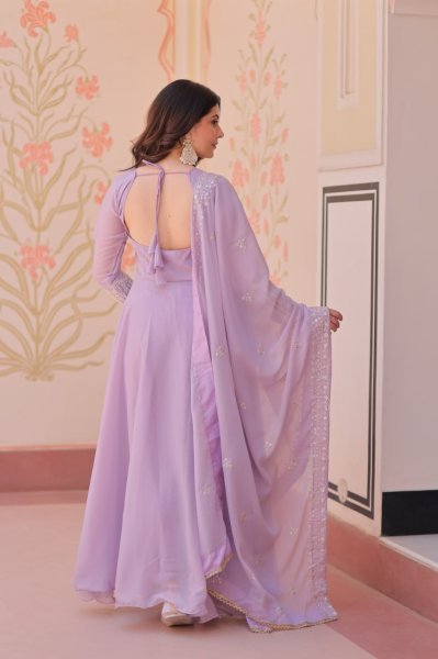 Glam Lavender Star Georgette Sequins Embroidered Gown With 5 Meter Umbrella Flair and Dupatta Ready To Wear Collection