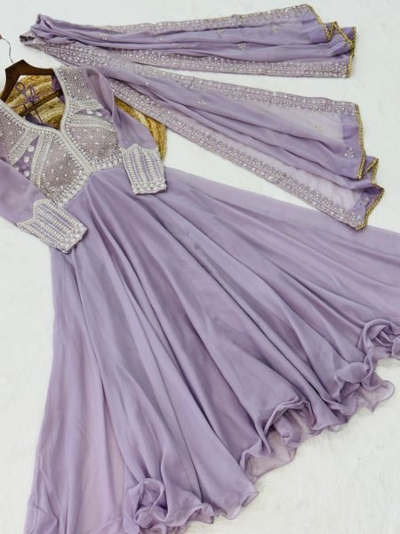 Glam Lavender Star Georgette Sequins Embroidered Gown With 5 Meter Umbrella Flair and Dupatta Ready To Wear Collection