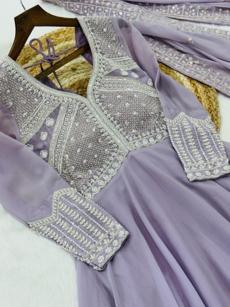 Glam Lavender Star Georgette Sequins Embroidered Gown With 5 Meter Umbrella Flair and Dupatta Ready To Wear Collection