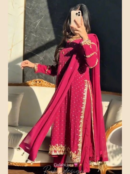 Glam Look Pink Embroidered Georgette Suit Ideal for Weddings  & Celebrations Ready To Wear Suit