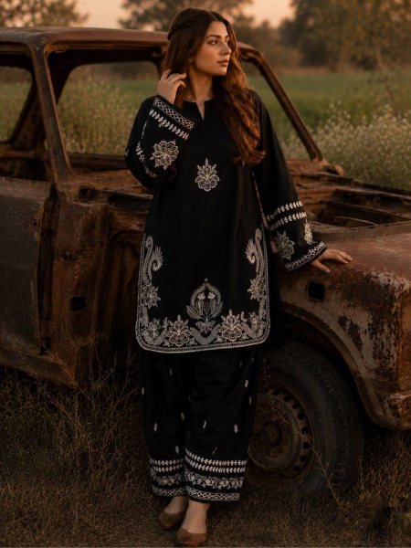 Glam Nights Black Roman Dell Silk Designer Thread Embroidery Kurti And Plazzo For Women Ready To Wear Suit