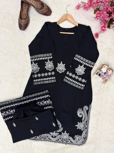 Glam Nights Black Roman Dell Silk Designer Thread Embroidery Kurti And Plazzo For Women Ready To Wear Collection