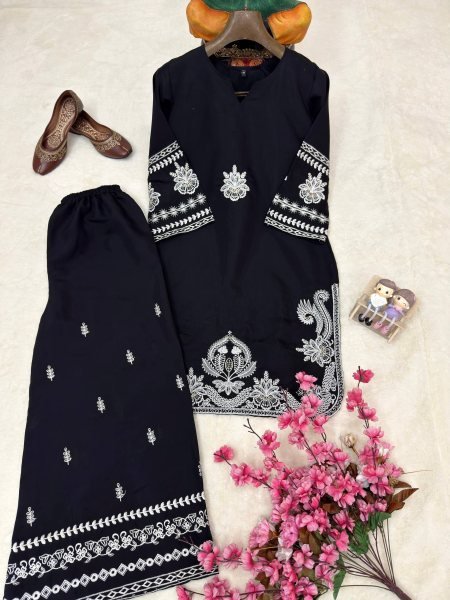 Glam Nights Black Roman Dell Silk Designer Thread Embroidery Kurti And Plazzo For Women Ready To Wear Collection