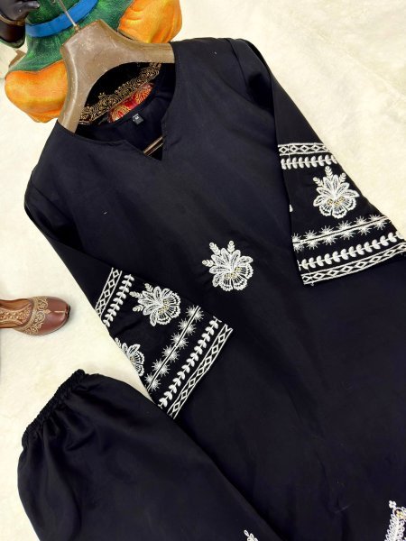 Glam Nights Black Roman Dell Silk Designer Thread Embroidery Kurti And Plazzo For Women Ready To Wear Collection