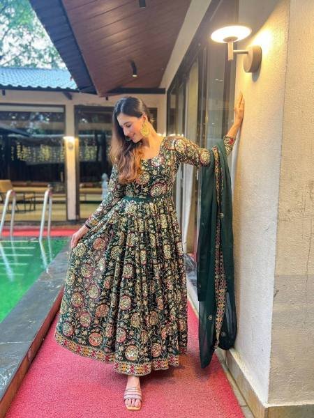 Glamora Green Georgette Anarkali Suit with 5mm Sequin Embroidery for Ceremonial Ready To Wear Suit