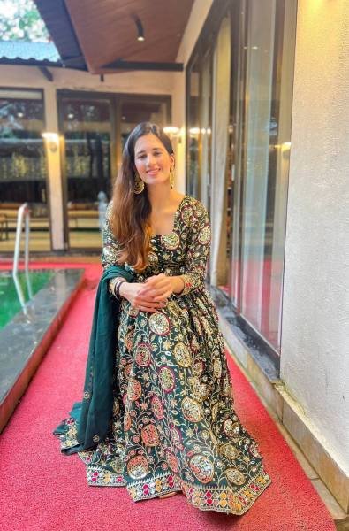 Glamora Green Georgette Anarkali Suit with 5mm Sequin Embroidery for Ceremonial Ready To Wear Collection