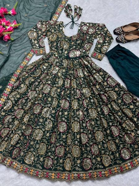 Glamora Green Georgette Anarkali Suit with 5mm Sequin Embroidery for Ceremonial Ready To Wear Collection