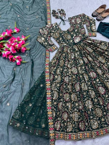 Glamora Green Georgette Anarkali Suit with 5mm Sequin Embroidery for Ceremonial Ready To Wear Collection