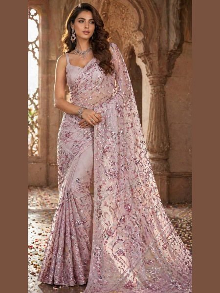 Glamorous Baby Pink Party Wear Saree with Heavy Sequins Embroidery for Women Sarees 