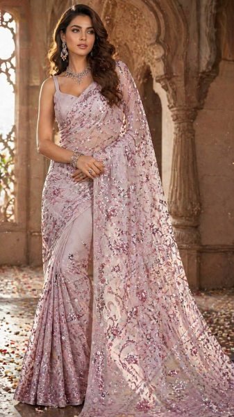 Glamorous Baby Pink Party Wear Saree with Heavy Sequins Embroidery for Women Bollywood Fancy Sarees Wholesale