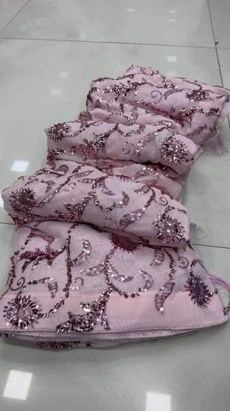 Glamorous Baby Pink Party Wear Saree with Heavy Sequins Embroidery for Women Bollywood Fancy Sarees Wholesale