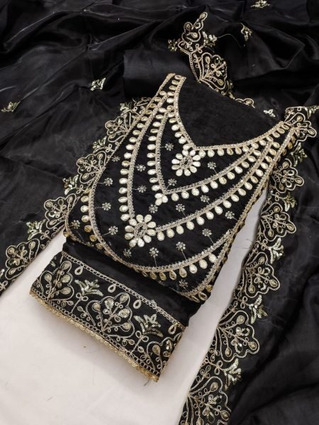 Glamorous Black Elegant Fandy Satin Suit Set with Matching Dupatta for Festive Wear Dress Material 