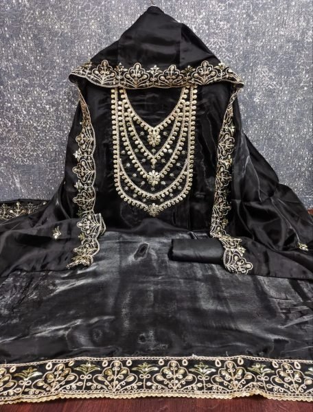 Glamorous Black Elegant Fandy Satin Suit Set with Matching Dupatta for Festive Wear Color Set Matching Dress Material Wholesale