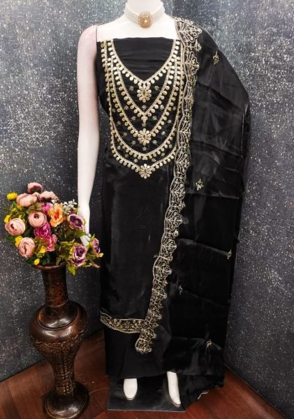 Glamorous Black Elegant Fandy Satin Suit Set with Matching Dupatta for Festive Wear Color Set Matching Dress Material Wholesale