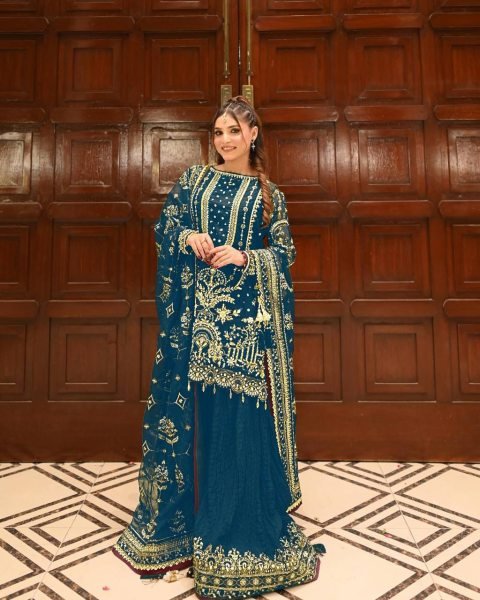 Stunning Blue Plazzo Suit with Moti Work and Lace Dupatta for Ready to Wear Ready To Wear Collection