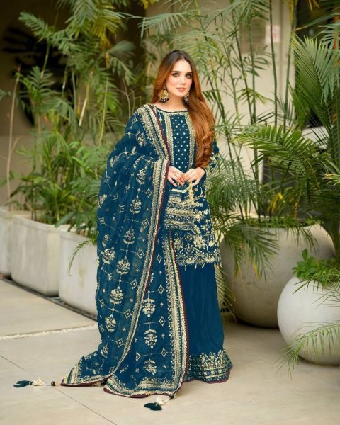 Stunning Blue Plazzo Suit with Moti Work and Lace Dupatta for Ready to Wear Ready To Wear Collection