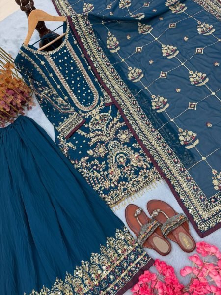 Stunning Blue Plazzo Suit with Moti Work and Lace Dupatta for Ready to Wear Ready To Wear Collection