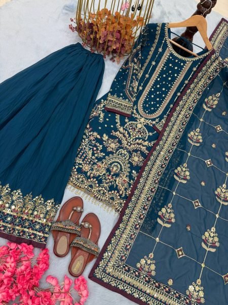 Stunning Blue Plazzo Suit with Moti Work and Lace Dupatta for Ready to Wear Ready To Wear Collection