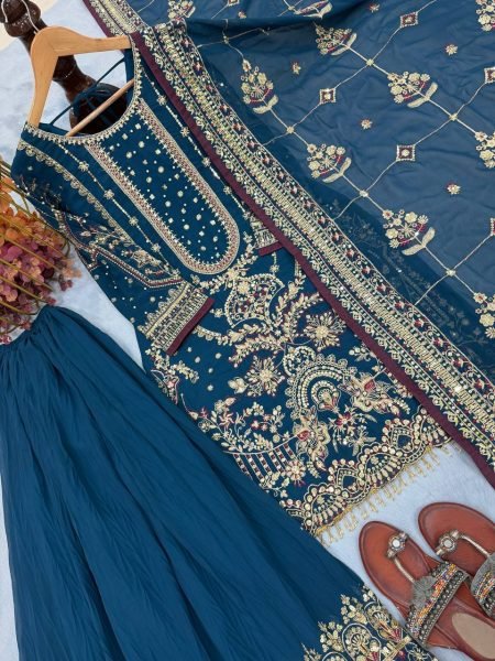 Stunning Blue Plazzo Suit with Moti Work and Lace Dupatta for Ready to Wear Ready To Wear Collection